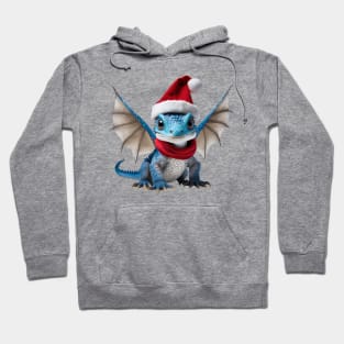 Realistic Artwork of a Cute Blue Baby Dragon Wearing a Red Santa Christmas Hat Hoodie